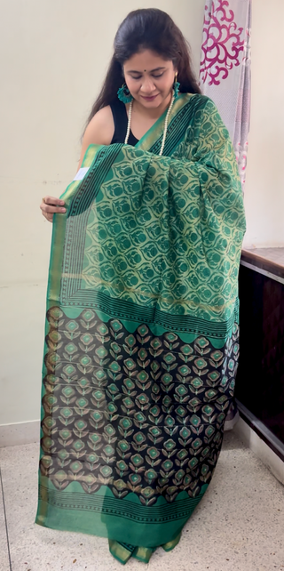 Vanaspati Ajrakh Maheshwari Silk Saree with Unstitched Blouse Piece (No Chemical Dyes)