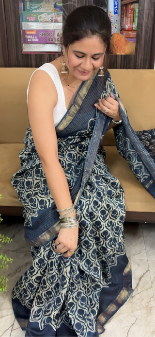 Vanaspati Ajrakh Maheshwari Silk Saree with Unstitched Blouse Piece (No Chemical Dyes)