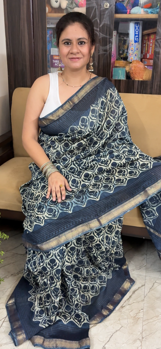 Vanaspati Ajrakh Maheshwari Silk Saree with Unstitched Blouse Piece (No Chemical Dyes)