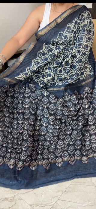 Vanaspati Ajrakh Maheshwari Silk Saree with Unstitched Blouse Piece (No Chemical Dyes)