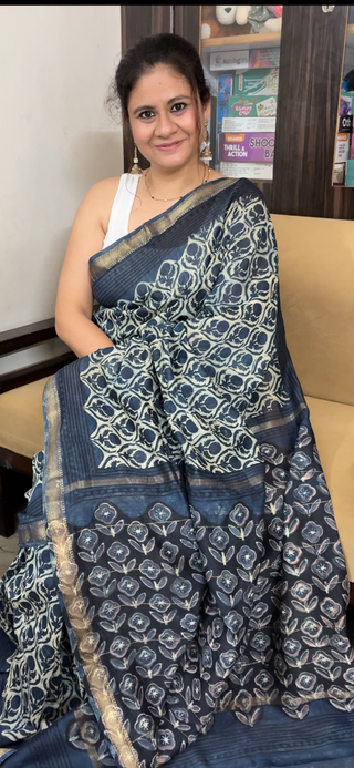 Vanaspati Ajrakh Maheshwari Silk Saree with Unstitched Blouse Piece (No Chemical Dyes)