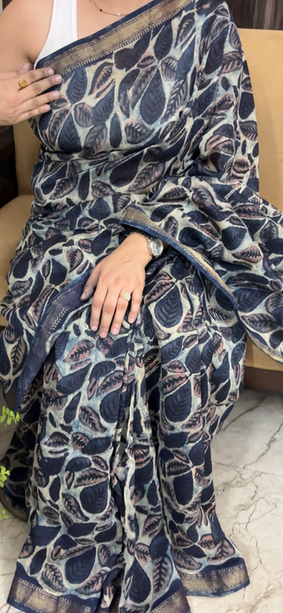 Vanaspati Ajrakh Maheshwari Silk Saree with Unstitched Blouse Piece (No Chemical Dyes)