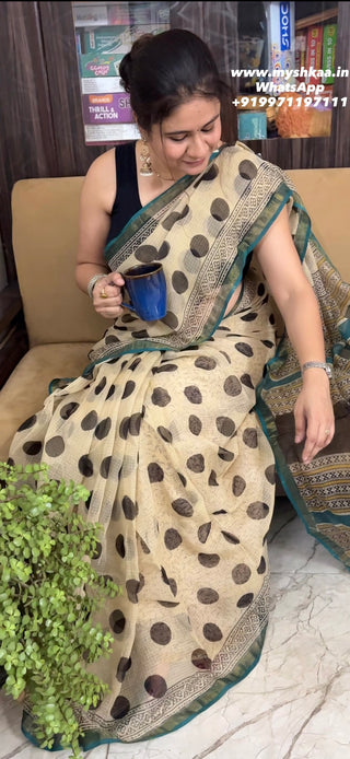 Hand block printed Kota Doria Cotton Saree with Unstitched Blouse Piece