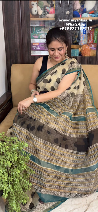 Hand block printed Kota Doria Cotton Saree with Unstitched Blouse Piece