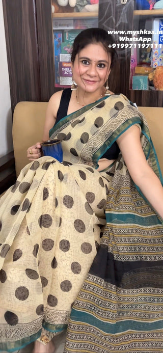 Hand block printed Kota Doria Cotton Saree with Unstitched Blouse Piece
