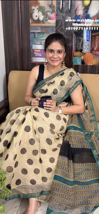 Hand block printed Kota Doria Cotton Saree with Unstitched Blouse Piece