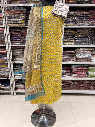 Yellow Cotton Handblock Office Wear Suit fabric with Kota Doria Dupatta