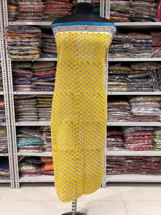 Yellow Cotton Handblock Office Wear Suit fabric with Kota Doria Dupatta