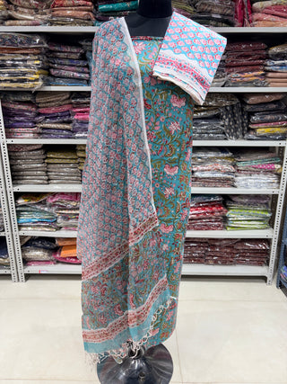 Premium Cotton Block Print Office Wear Suit fabric with Kota Doria Dupatta (44 inch width) and Heavy Bottom