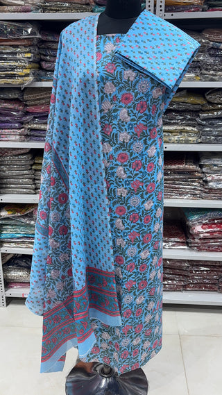 Handblock Cotton Suit Material with Cotton Dupatta