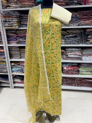 Premium Cotton Block Print Office Wear Suit fabric with Kota Doria Dupatta (44 inch width) and Heavy Bottom