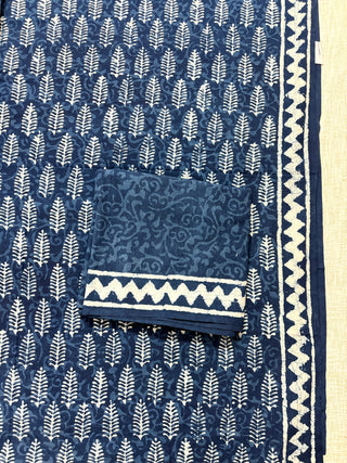 Cotton Dabu Indigo Handblock Office Wear Suit fabric with Kota doria Dupatta