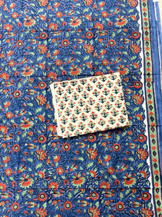 Blue Cotton Handblock Office Wear Suit fabric with Kota Doria Dupatta