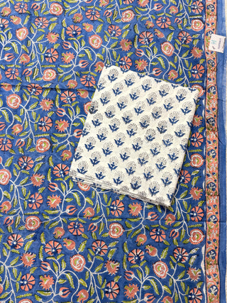 Blue Cotton Handblock Office Wear Suit fabric with Kota Doria Dupatta
