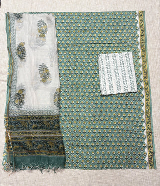 Green Cotton Handblock Office Wear Suit fabric with Kota Doria Dupatta