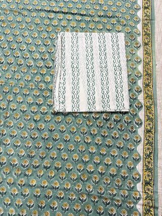 Green Cotton Handblock Office Wear Suit fabric with Kota Doria Dupatta