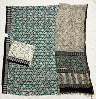 Green Cotton Handblock Office Wear Suit fabric with Kota Doria Dupatta