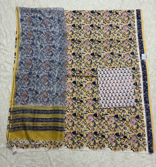 Light Yellow Cotton Handblock Office Wear Suit fabric with Kota Doria Dupatta