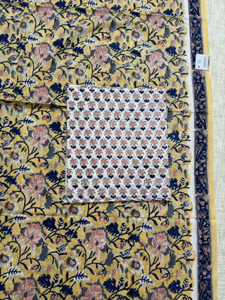 Light Yellow Cotton Handblock Office Wear Suit fabric with Kota Doria Dupatta