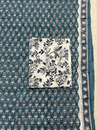 Blue Cotton Handblock Office Wear Suit fabric with Kota Doria Dupatta