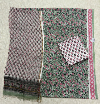 Light Green Cotton Handblock Office Wear Suit fabric with Kota Doria Dupatta