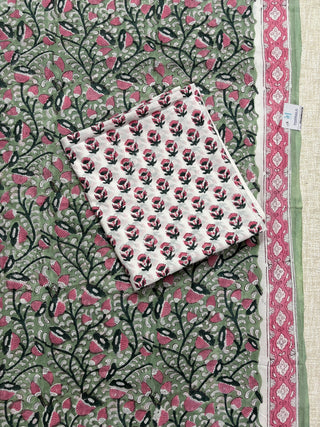 Light Green Cotton Handblock Office Wear Suit fabric with Kota Doria Dupatta