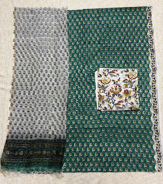 Green Cotton Handblock Office Wear Suit fabric with Kota Doria Dupatta