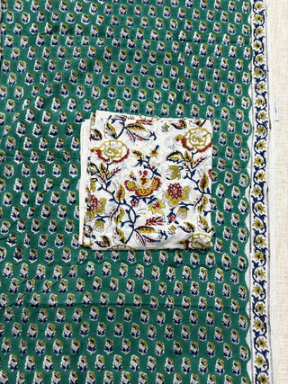 Green Cotton Handblock Office Wear Suit fabric with Kota Doria Dupatta