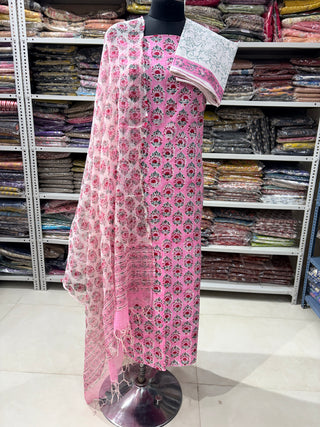 Premium Cotton Block Print Office Wear Suit fabric with Kota Doria Dupatta (44 inch width) and Heavy Bottom