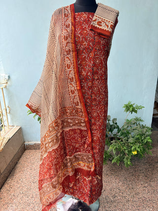 Rajasthan Kalamkari Cotton Block Print Office Wear Suit fabric with Kota Doria Dupatta