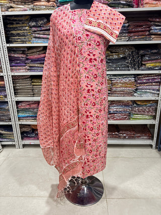 Premium Cotton Block Print Office Wear Suit fabric with Kota Doria Dupatta (44 inch width) and Heavy Bottom