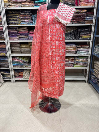 Premium Cotton Block Print Office Wear Suit fabric with Kota Doria Dupatta (44 inch width) and Heavy Bottom