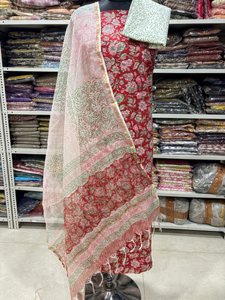 Cotton Handblock Office Wear Suit fabric with Kota doria Dupatta