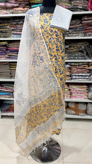 Cotton Handblock Office Wear Suit fabric with Kota doria Dupatta