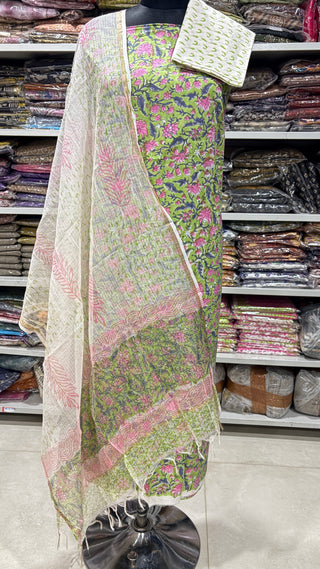 Cotton Handblock Office Wear Suit fabric with Kota doria Dupatta