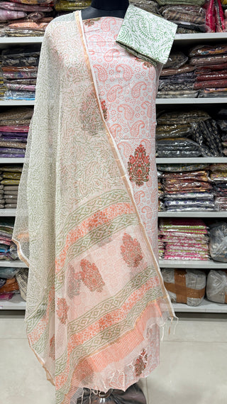 Cotton Handblock Office Wear Suit fabric with Kota doria Dupatta