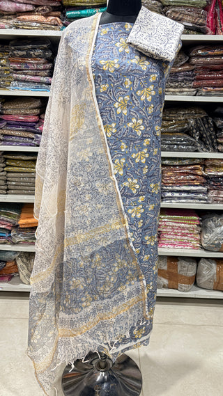 Cotton Handblock Office Wear Suit fabric with Kota doria Dupatta