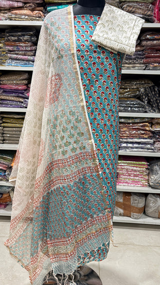 Cotton Handblock Office Wear Suit fabric with Kota doria Dupatta