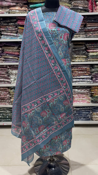 Handblock Cotton Suit Material with Cotton Dupatta