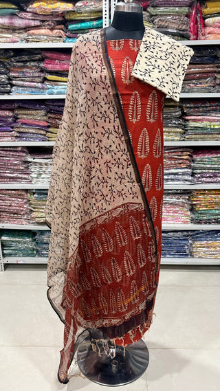Cotton Ajrakh Handblock Office Wear Suit fabric with Kota doria Dupatta
