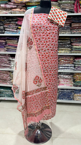 Cotton Handblock Office Wear Suit fabric with Kota doria Dupatta