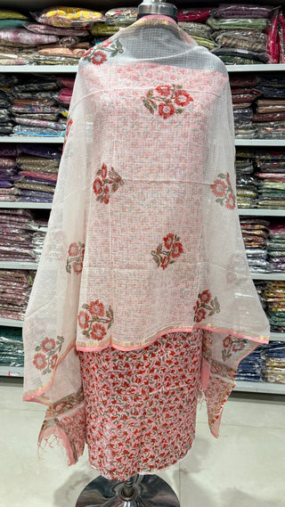 Cotton Handblock Office Wear Suit fabric with Kota doria Dupatta