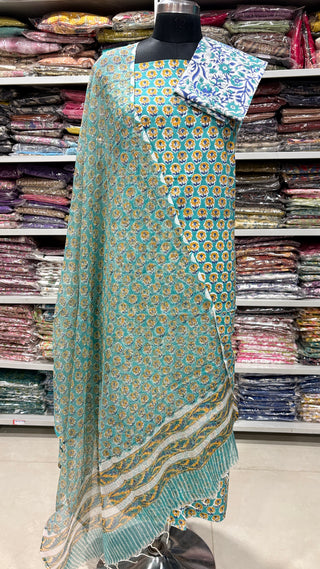 Cotton Handblock Office Wear Suit fabric with Kota doria Dupatta