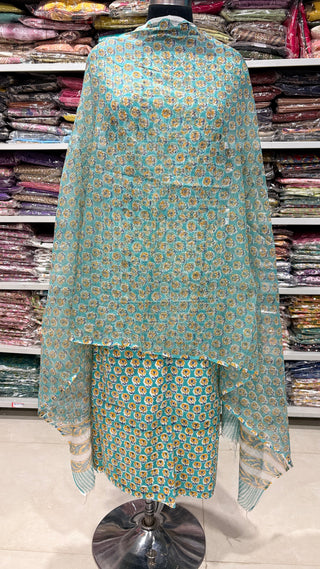 Cotton Handblock Office Wear Suit fabric with Kota doria Dupatta
