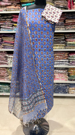 Cotton Handblock Office Wear Suit fabric with Kota doria Dupatta