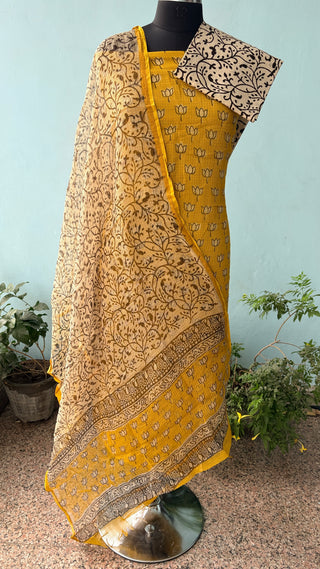 Yellow Hand block kota doria suit set for office wear with Lining included #2037 (Mustard yellow)