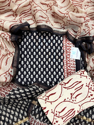 Black color Handblock Office Wear Suit fabric with Kota doria Dupatta