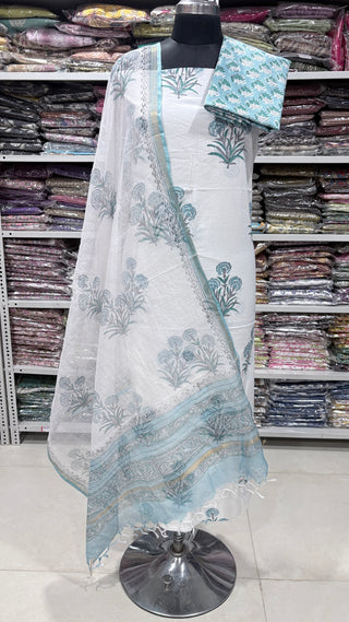 Cotton Handblock Office Wear Suit fabric with Kota doria Dupatta