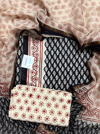 Black color Handblock Office Wear Suit fabric with Kota doria Dupatta