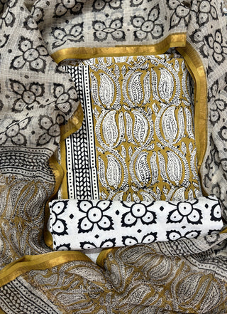 Mustard color Handblock Office Wear Suit fabric with Kota doria Dupatta